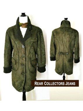 Winter Dark Green Coat Faux Suede Fleece Lined Button Folded Cuff Pockets Sz 46